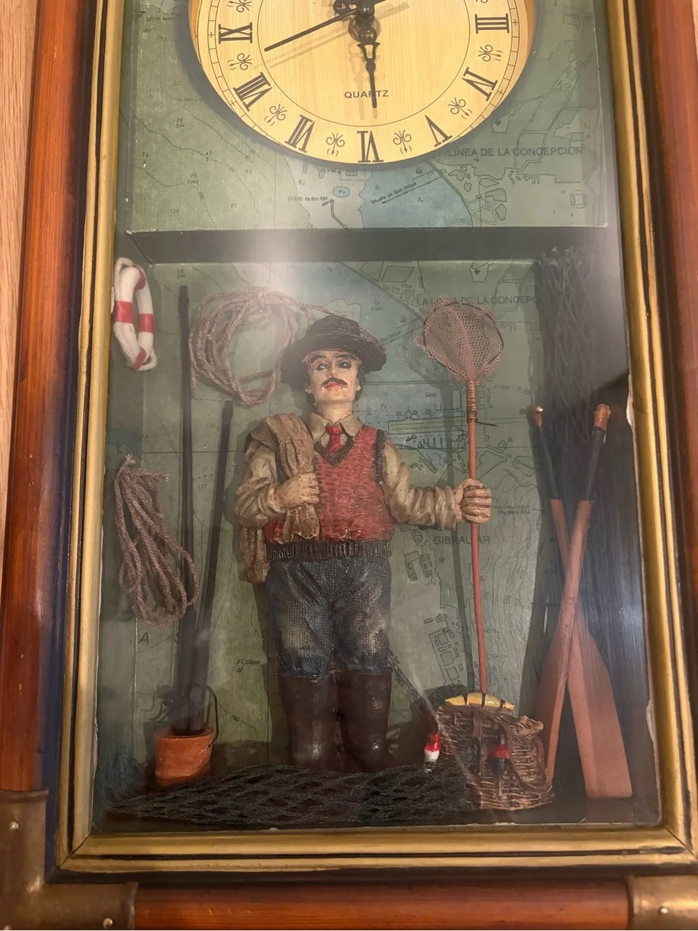 Vintage Quartz Shadowbox Fisherman Wall Clock - Brown & Gold